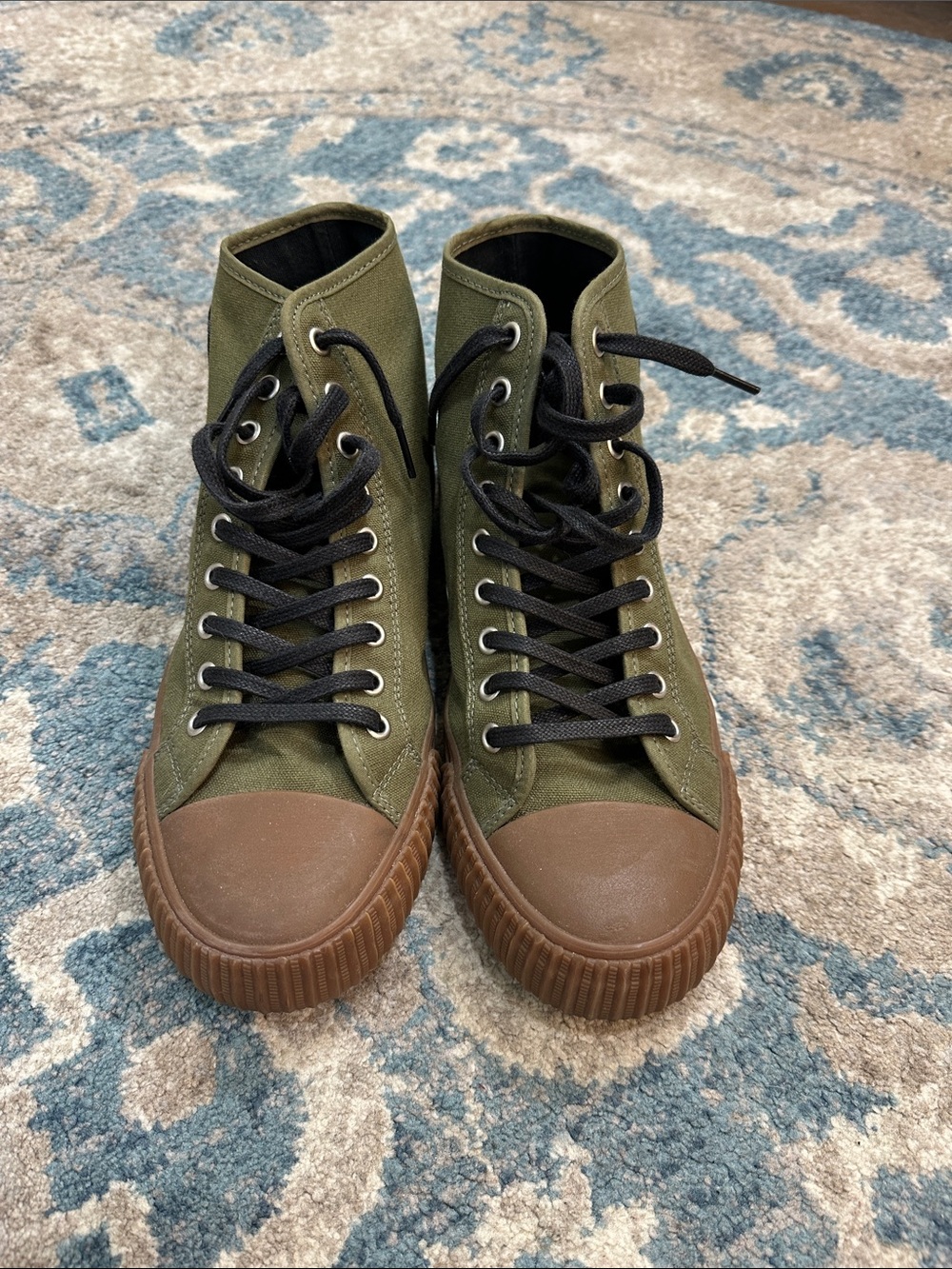 P.F. Flyers Olive Green High-Top Canvas Sneakers with Brown Toe